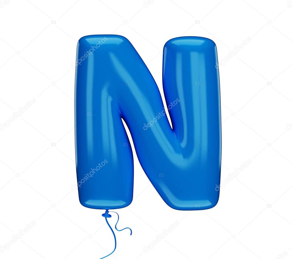 Blue color textured letter N. Made of an inflatable balloon on a white background. Isolated, 3d rendering