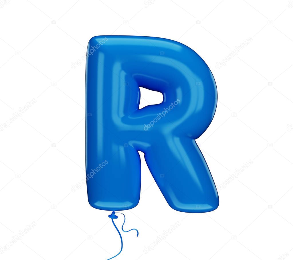 Blue color textured letter R. Made of an inflatable balloon on a white background. Isolated, 3d rendering