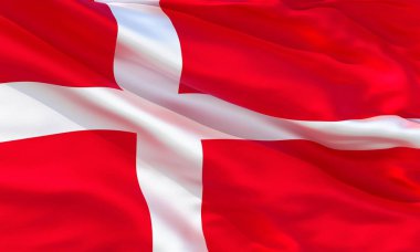 Gerçekçi ipek malzeme Danimarka bayrak sallayarak, yüksek kaliteli detaylı kumaş doku. 3d illüstrasyon