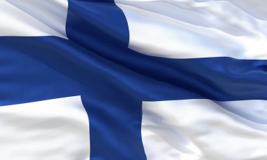 Gerçekçi ipek malzeme Finlandiya bayrak sallayarak, yüksek kaliteli detaylı kumaş doku. 3d illüstrasyon