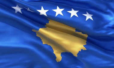 Gerçekçi ipek malzeme Kosova bayrak sallayarak, yüksek kaliteli detaylı kumaş doku. 3d illüstrasyon