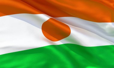 Gerçekçi ipek malzeme Nijer dalgalı bayrak, yüksek kaliteli detaylı kumaş doku. 3d illüstrasyon