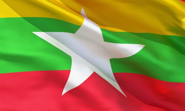 Realistic silk material Myanmar waving flag, high quality detailed fabric texture. 3d illustration