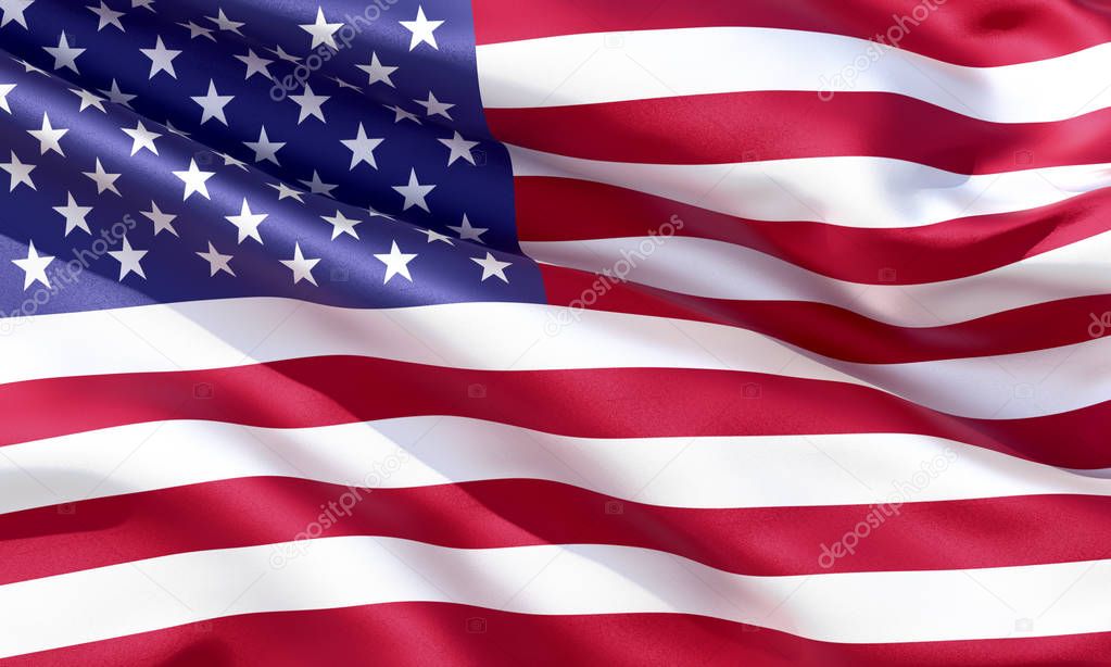 Realistic silk material United States of America waving flag, high quality detailed fabric texture. 3d illustration
