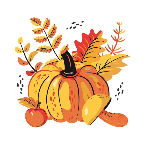 Feuilles d'automne, champignons, pommes et citrouille — Image vectorielle