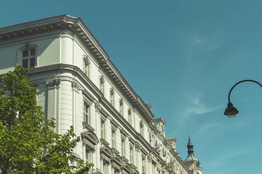 Güneşli bir günde yeşil ağaç ile sokakta ortasında güzel bir tarihi binanın resmi