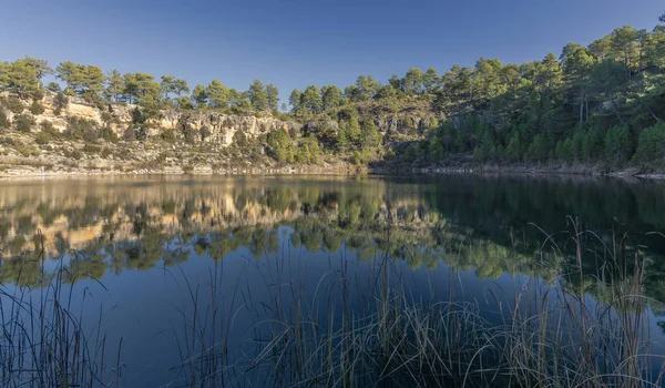 Lagün kayalar, ağaçlar ve ön planda sazlık ile çevrili.