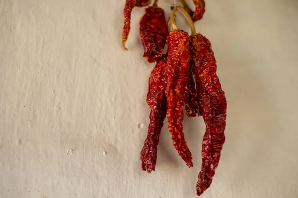 Getrockneter roter Pfeffer in einem Bündel an der Wand — Stockfoto