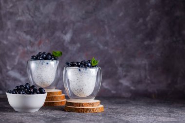 Nane aromalı Chia pudingi ve ahşap bir stantta gözlüklü yaban mersini ve gri dokulu bir arka planda bir tabak yaban mersini.