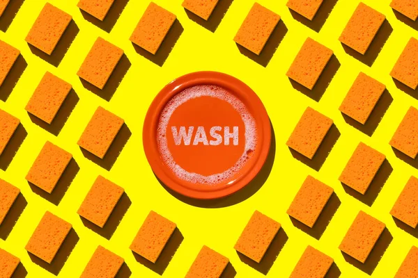 Seamless Pattern Orange Dishwashing Sponges Orange Plate Water Foam Yellow — Stock Photo, Image