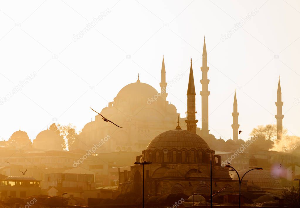 Eminonu,  Istanbul/ Turkey - 02 07 2014: Scenic view of Blue Mosque(Sultanahmet Cami) with behind the New Mosque(Yeni Cami) at sunset.