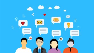 Sosyal ağ kavramı. Web için konuşma kabarcıkları ve iş simgeleri ile İnsanlar avatarları