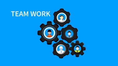 Takım çalışması. İş ekibi birlikte çalışıyor. Dişlileri olan kişi simgeleri