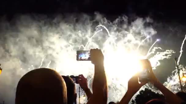 Hombre Una Mujer Grabando Fuegos Artificiales Evento Encendido Con Teléfono — Vídeos de Stock