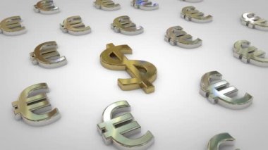 Bir altın Usd sembolü ile gümüş euro sembollerin 3d animasyon