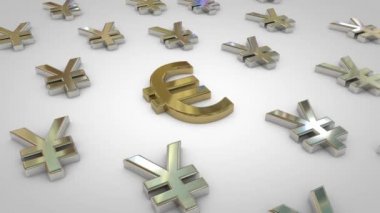 Bir altın euro sembolü ile gümüş Yuan sembollerin 3d animasyon