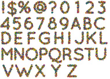 Letters from Christmas ornaments, all letters in multi color