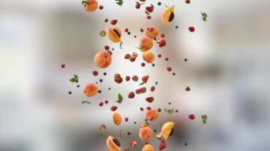 Şeftali ahududu çilekli smoothie meyve düşme döngüsü arka plan ve alfa ile