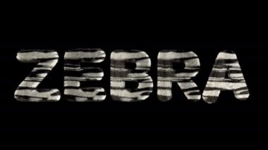 Zebrayı heceleyen 3D animasyon metni, zebra çizgili harflerden yapılmış.
