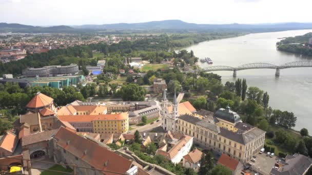 View Esztergom Cathedral Danube River Bridge — Stock Video