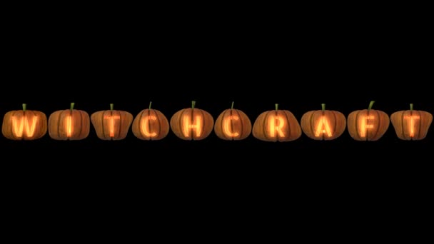 Вырезанные Хэллоуин Тыквенные Письма Свечами Альфа Каналом Образующие Текст Колдовства — стоковое видео
