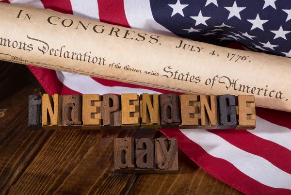 Independence Day Text Using Wooden Letters Declaration Independence Document United — Stock Photo, Image
