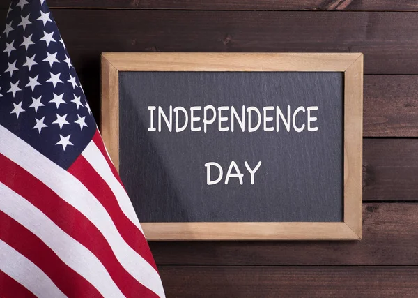 American Flag Independence Day Written Chalkboard Rustic Wooden Background — Stock Photo, Image