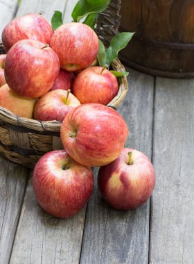 Demet taze kırmızı elma ve sepet bir rustik ahşap yüzeye