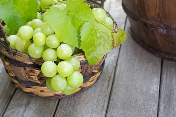 Fresh Green Grapes Rustic Basket Weathered Wooden Surface — Stock Photo, Image