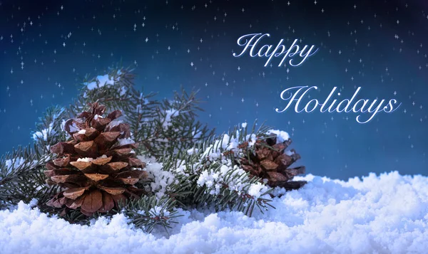 Snowy Pine Cones Evergreen Tree Branches Happy Holidays Text Winter — Stock Photo, Image