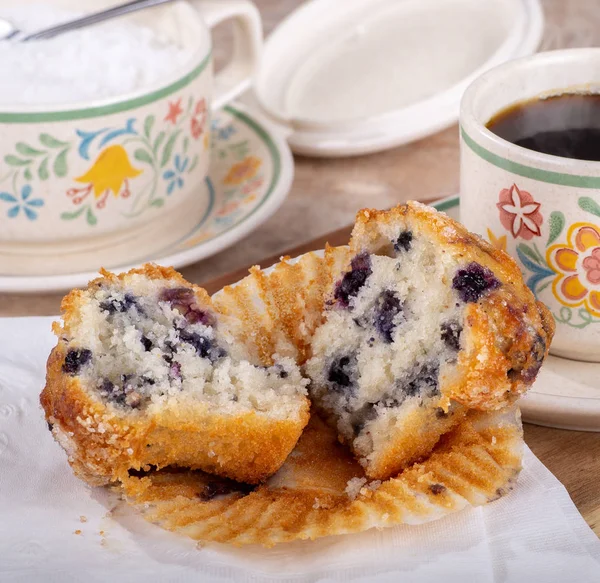 Closeup Blueberry Muffin Cut Half Cup Coffee Bowl Sugar Background — Stock Photo, Image