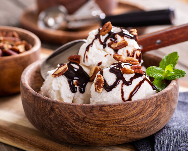 Ice Cream Sundae in a Wooden Bowl