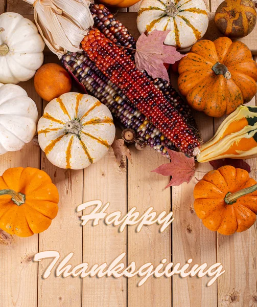 Happy Thanksgiving Text With Indian Corn and Mini Pumpkins — Stock Photo, Image