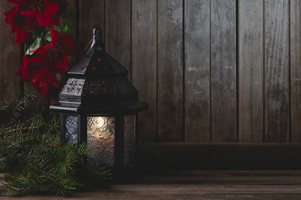 Glowing Lantern on Rusic Wooden Background — Stock Photo, Image