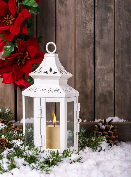 White Holiday Lantern With Burning Candle — Stock Photo, Image