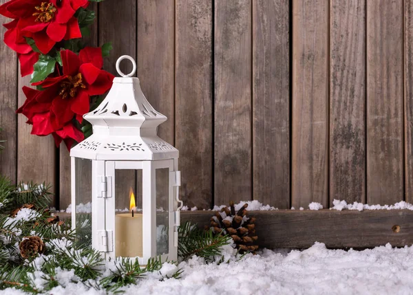 White Holiday Lantern With Burning Candle — Stock Photo, Image