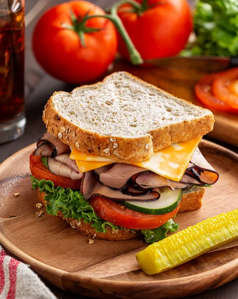 Ham Cheese Sandwich Lettuce Tomato Cucumber Whole Grain Bread Wooden — Stock Photo, Image