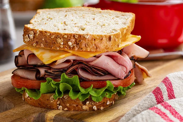 Ham Sandwich Cheese Tomato Lettuce Whole Grain Bread Wooden Cutting — Stock Photo, Image
