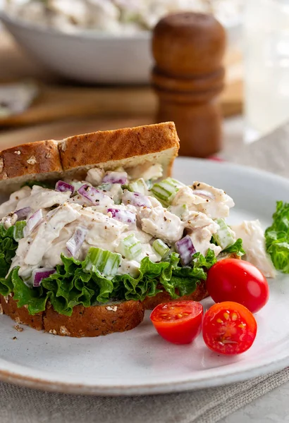 Chicken Salad Sandwich Lettuce Whole Grain Bread Grape Tomatoes Plate — Stock Photo, Image
