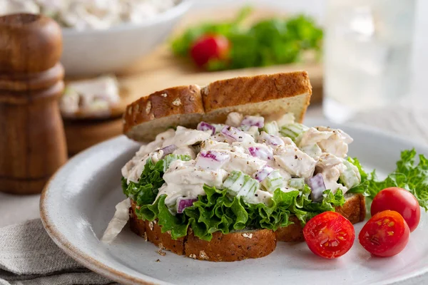 Sandwich Ensalada Pollo Con Lechuga Pan Integral Tomates Uva Plato —  Fotos de Stock