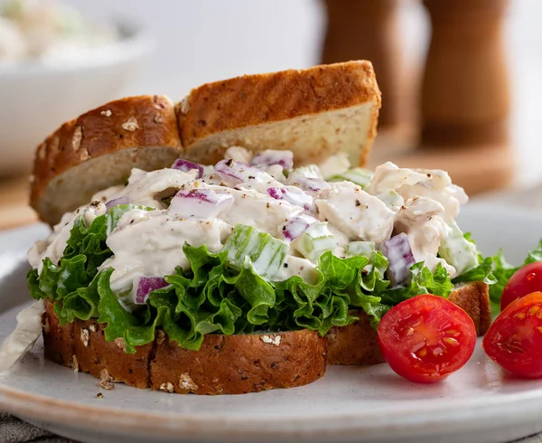 Sandwich Salată Pui Salată Verde Pâine Integrală Roșii Struguri Farfurie — Fotografie, imagine de stoc