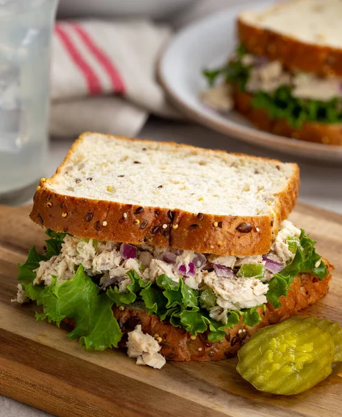Tuna Fish Salad Lettuce Sandwich Multiseed Bread Sliced Pickles Wooden — Stock Photo, Image