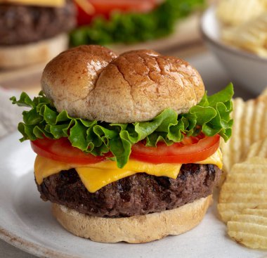 Salatalı, domatesli ve patates cipsli ızgara çizburger.