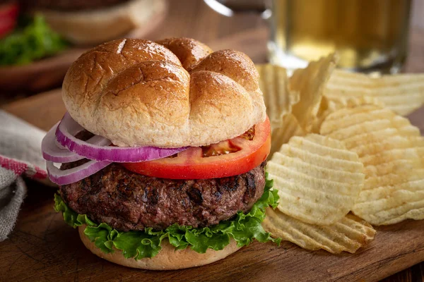 Juicy Grilled Hamberger Lettuce Tomato Onions Whole Grain Bun Potato — Stock Photo, Image