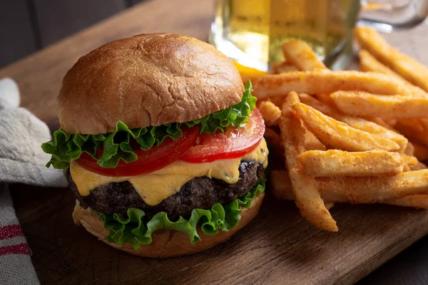 Juicy Grilled Cheeseburger Lettuce Tomato French Fries Wooden Board — Stock Photo, Image