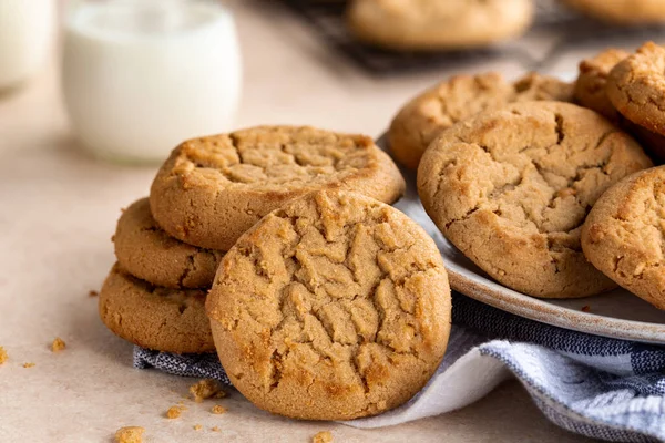 Closeup Peanut Butter Cookies Stack Plate Glass Milk Background — Stock Photo, Image