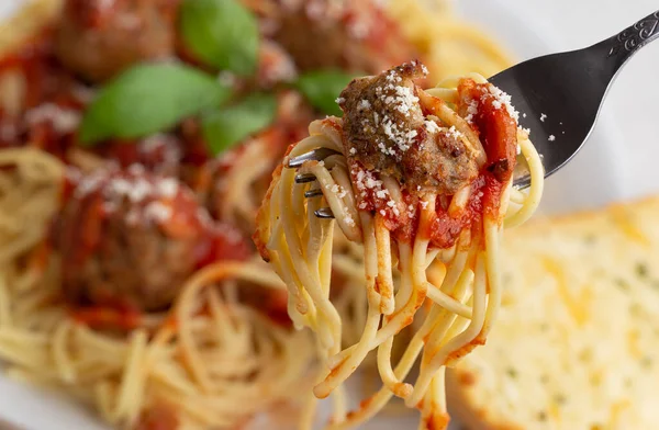 Spaghetti Meatball Fork Spaghetti Plate Background — Stock Photo, Image