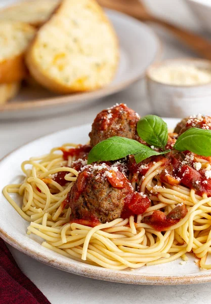 Spaghetti Meatballs Tomato Sauce Parmesan Cheese Dinner Plate — Stock Photo, Image