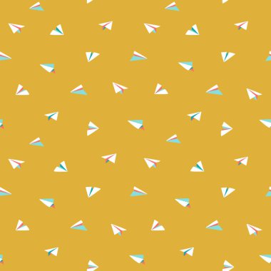 Origami kağıt uçaklar uçuyor. Parlak renksiz vektör deseni. Sarı arka planda küçük beyaz uçaklar. Yazlık gömlekler ve elbiseler için ideal, çocuklar giyer, çantalar, tekstil, kağıt, kırtasiye.