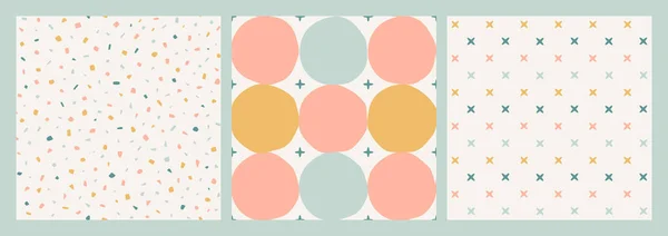 Three Pastel Seamless Vector Patterns Hand Drawn Terrazzo Texture Circles — Stock Vector